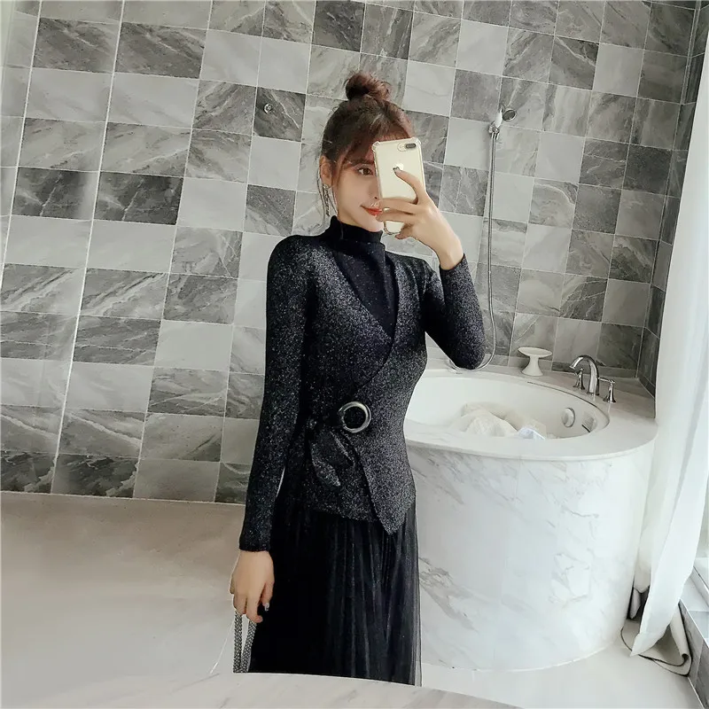 ALPHALMODA модный костюм платье осеннее платье тонкий свитер с длинными рукавами+ Сетчатое платье Элегантный комплект из 2 предметов