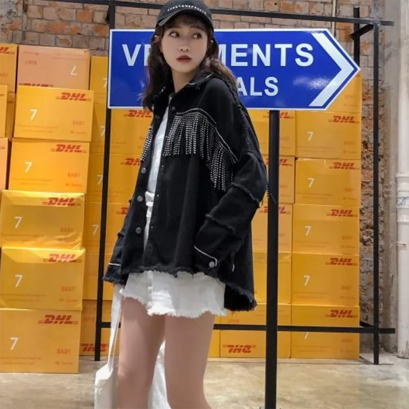 Günstig Frauen Schwarz Lose Denim Jacke Mantel Pailletten Quasten Streetwear Allgleiches Geistige Dachte Taste Oberbekleidung