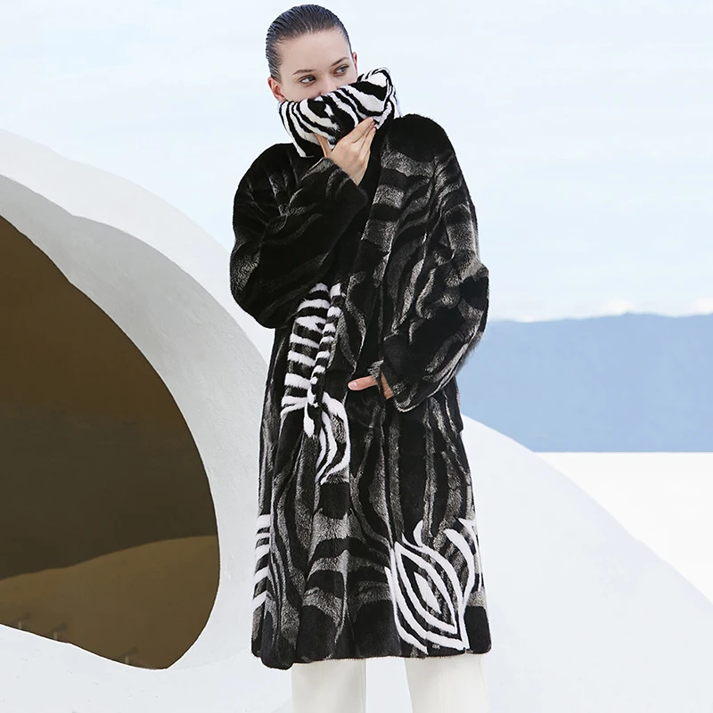 Ftangaiur Winter Import Velvet Mink Fur Coat Contrast Color Striped Mink Coat Women's X-Long Natural Real Mink Fur Coats