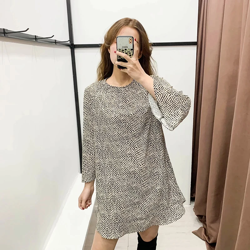 Модное женское платье Za,, винтажное, с каскадным принтом, шикарное, с круглым вырезом, с длинным рукавом, элегантное, тонкое, платья для женщин, для девушек, Vestidos