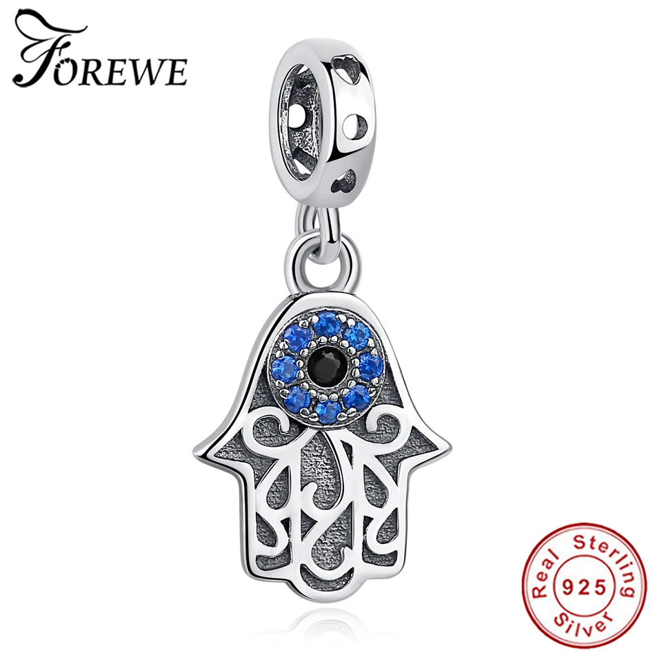 

FOREWE Genuine 925 Sterling Silver Hamsa Hand Blue Eye Dangle Charms Fit Original Pandora Bracelet Necklace Authentic Jewelry