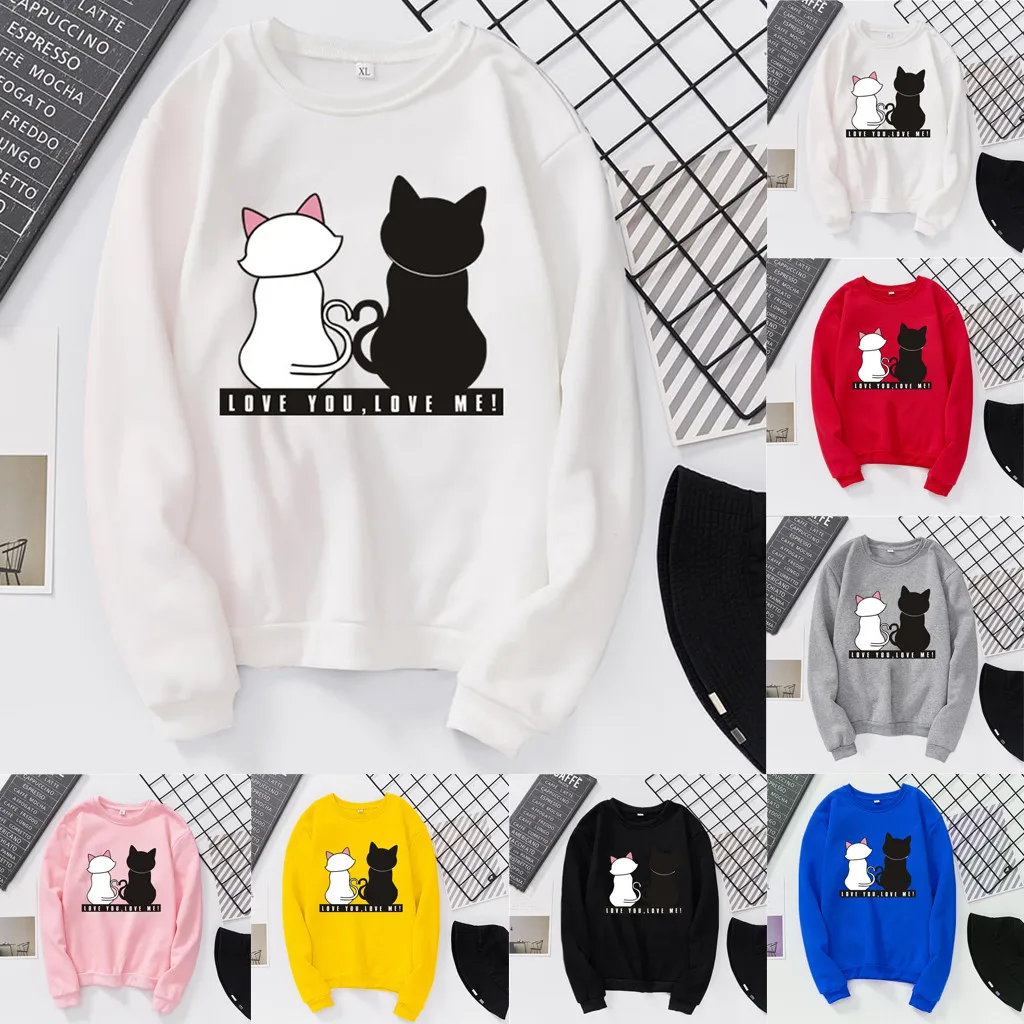 Харадзюку толстовки для женщин дамы kawaii кошки печатных с длинным рукавом круглый воротник толстовка женские осенние Топы Блузка Sudadera Mujer