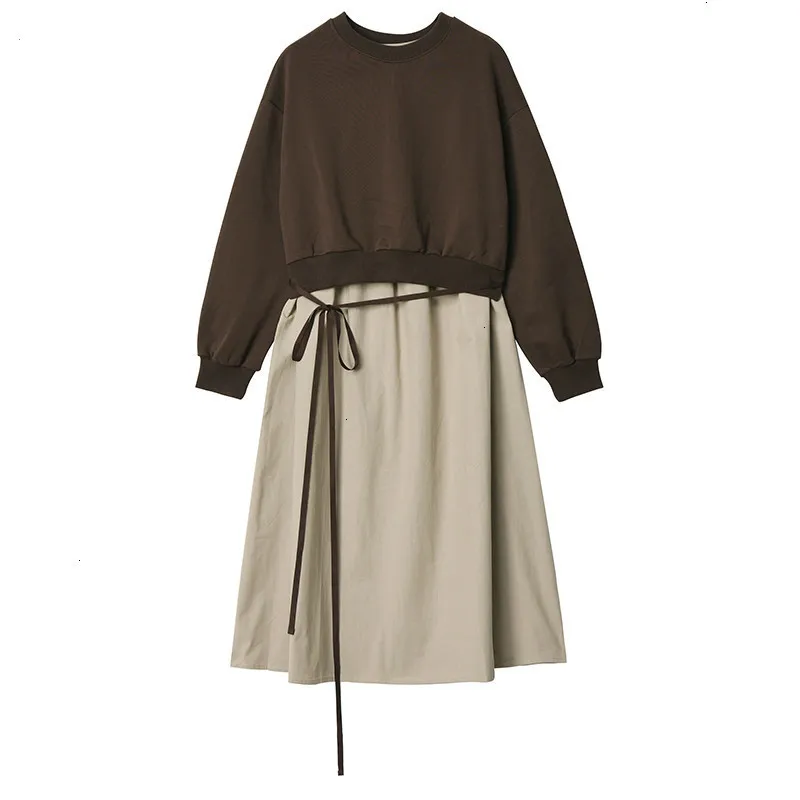 

Women Camel Split Pleated Two Piece Dress New Round Neck Long Sleeve Loose Fit Fashion Tide Spring Autumn 2019 D144