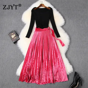 

2020 Spring Runway Suit Women Fashion New Long Sleeve Solid Black Knitted Top and Midi Pleated Velvet Skirt 2Piece Sets