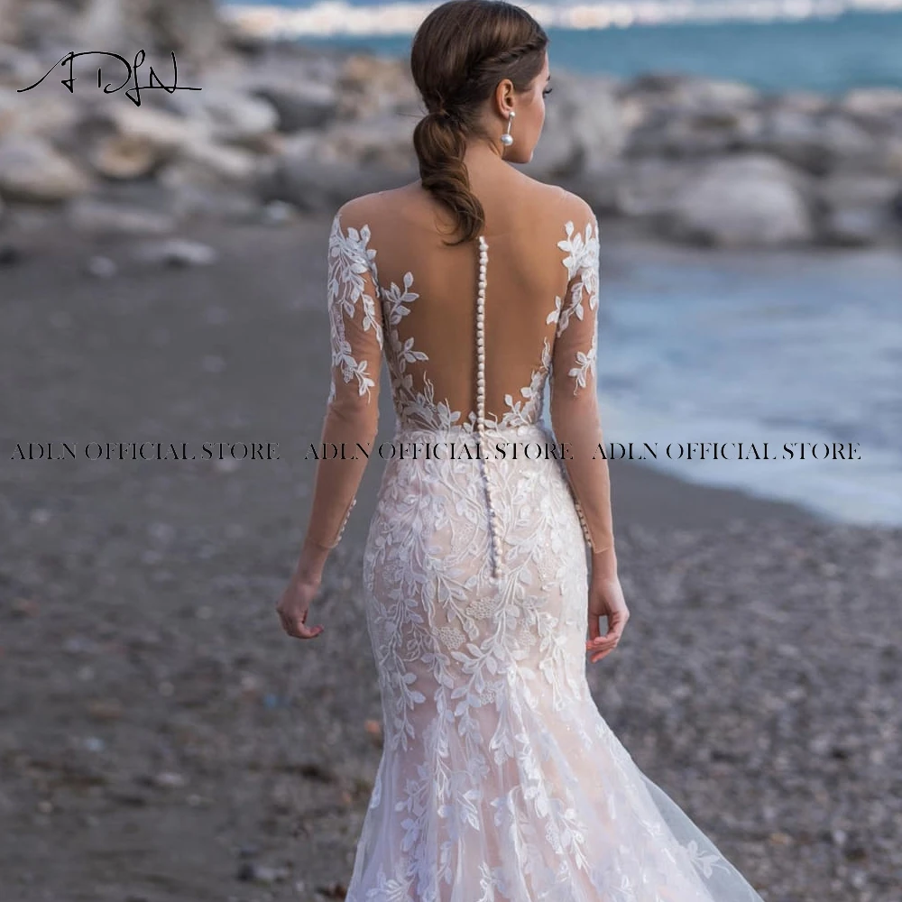 Sexy Scoop Long Sleeves Mermaid Wedding Dresses Customized abito da sposa Sweep Train Lace Bridal Gown vestido de casamento 4