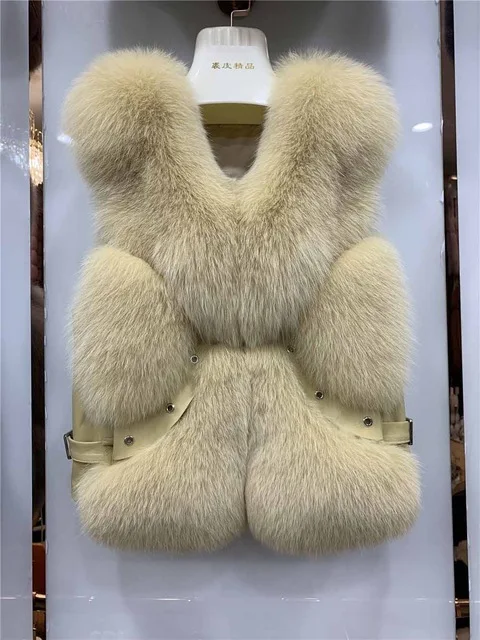 Light Yellow Женский жилет из натурального Лисьего меха, короткий толстый теплый меховой жилет из натуральной кожи, зимний модный женский жилет S7612 - Цвет: Light Yellow