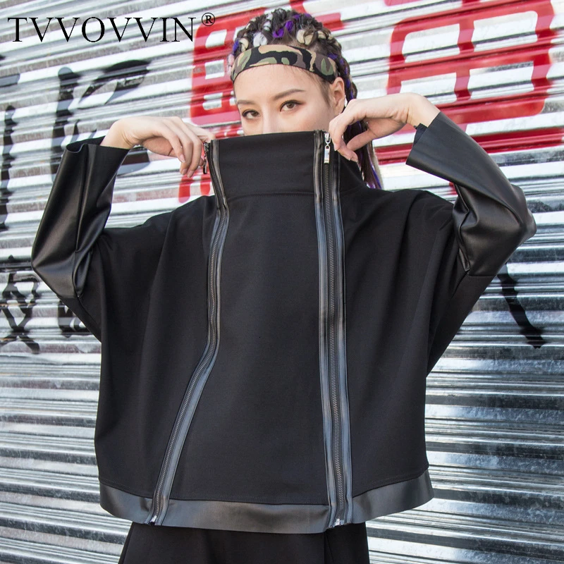 TVVOVVIN Women Black Batwing Sleeve Zip-up Sweatshirt Autumn Women Pu Patchwork Handsome Sweatshirt Plus Size D335