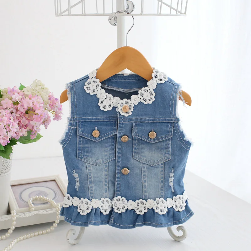 Baby Vests Girls Jeans Denim Lace Waistcoats Outerwear Children Spring