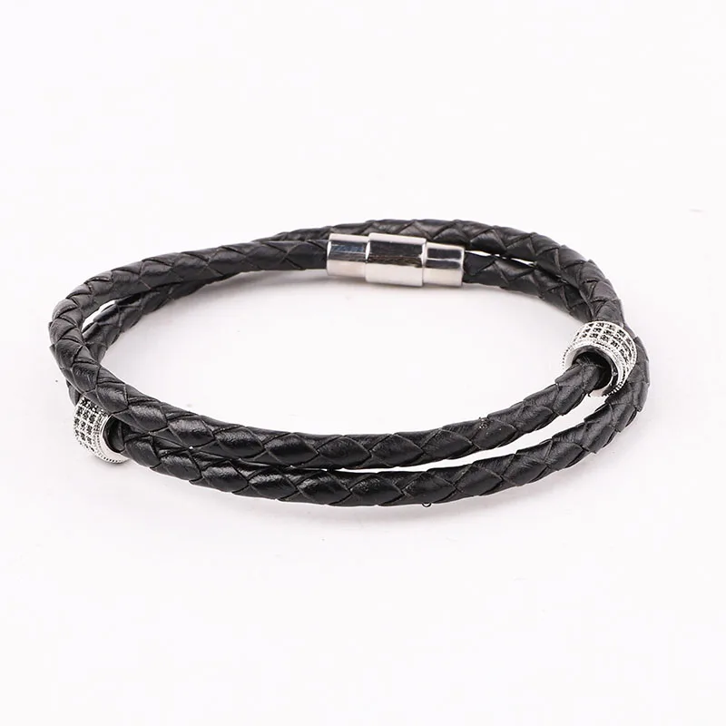 High Quality 316L Stainless Steel Clasp CZ Pave Tube Genuine Leather Bracelet Men Jewelry Gift - Image 4