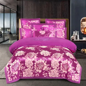 

KELUO Luxury Wedding jacquard mulberry silk bedding 100%cotton Embroideredincluding duvet cover bed sheet pillowcase Red A08
