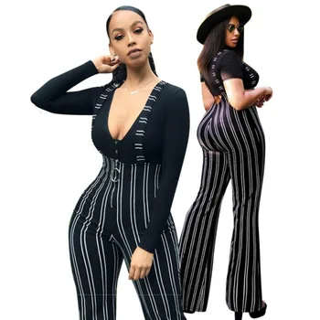 

Women Striped Clubwear Bodycon Jumpsuits High Streetwear Club Playsuit Party Suspender Flared Overalls 2019 New Fashion