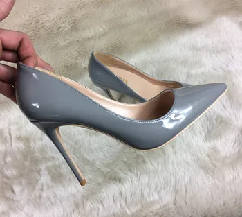 

2020 autumn fashion retro gray patent leather pointed shallow mouth 10cm stiletto high heels all-match work women's shoes