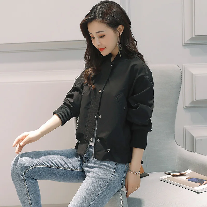 

Cropped Jacket 2017 Autumn Stand Collar Long-sleeve Zipper Short Loose-Fit Korean-style Versatile Glorious Elegant Small Coat