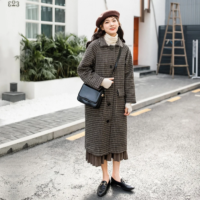 2019 Женское шерстяное пальто гусиные лапки Верхняя одежда для девочек Мори зимняя