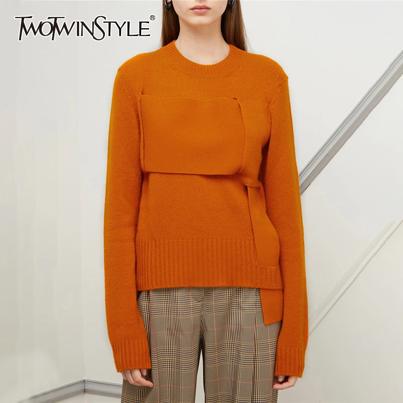 TWOTWINSTYLE Асимметричный лоскутный вязаный женский свитер с круглым вырезом и
