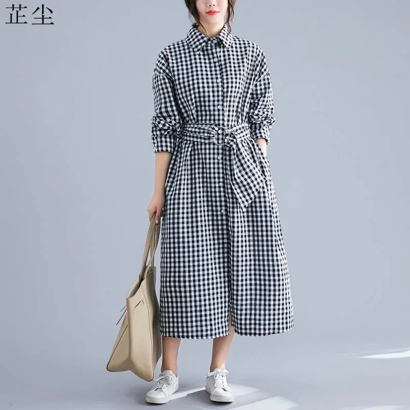 

Plus Size Long Maxi Dress Women 2019 Autumn Long Sleeve Plaid Loose Office Shirt Dress Big Size Lady Cotton Dresses Vestidos 5XL