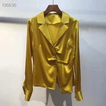 

Blusas Feminino 2022 Spring Summer High Quality Silk Blouses Women Sexy Asymmetrical Style White Blue Yellow Coffee Button Shirt