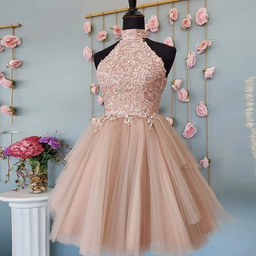 

High Neck Short Blush Cocktail Dresses 2020 Ball Gown Tulle Lace Applique Sleeveless Mini Dresses Woman Party Night vestidos de
