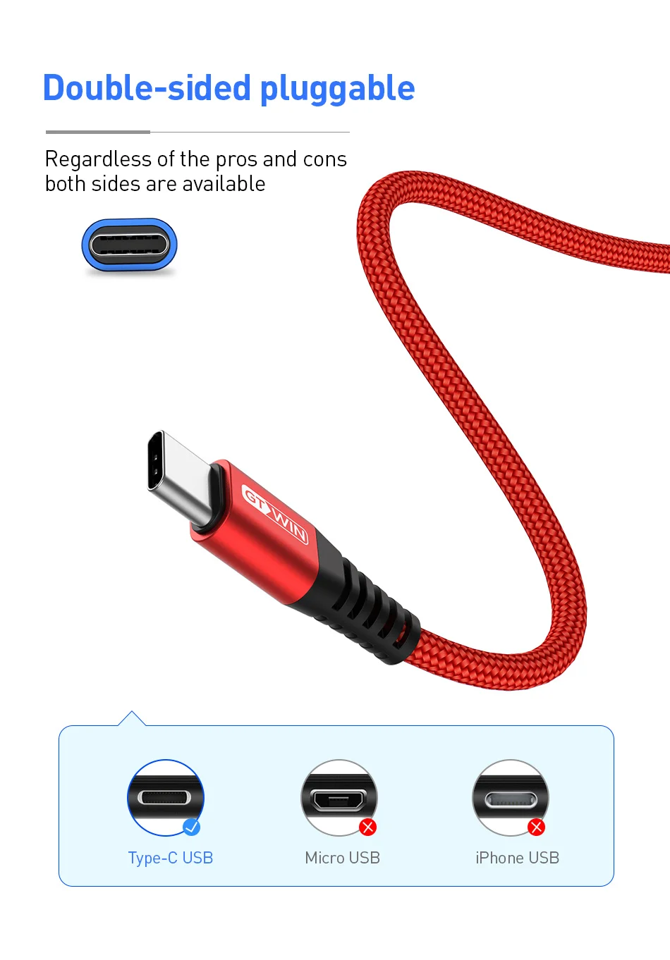 GTWIN 1M 2M Type C USB Cable 3A Fast Charger Cable For Samsung S9 S10 HUAWEI 3A Charging Wire USB C Data Cable Xiaomi mi9 LG