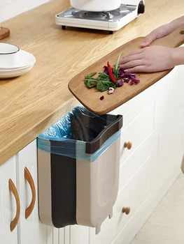 

Kitchen Hanging Trash Can Wall Mounted Folding Waste Bin Kitchen Cabinet Door Hanging Trash Bin Khaki Portable Trash Can