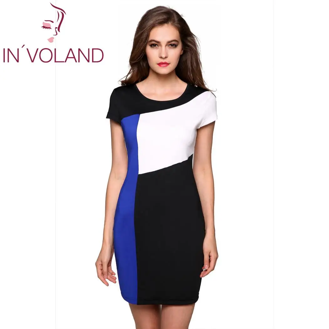 Женское офисное платье размера плюс короткий рукав контрастный цвет пэчворк