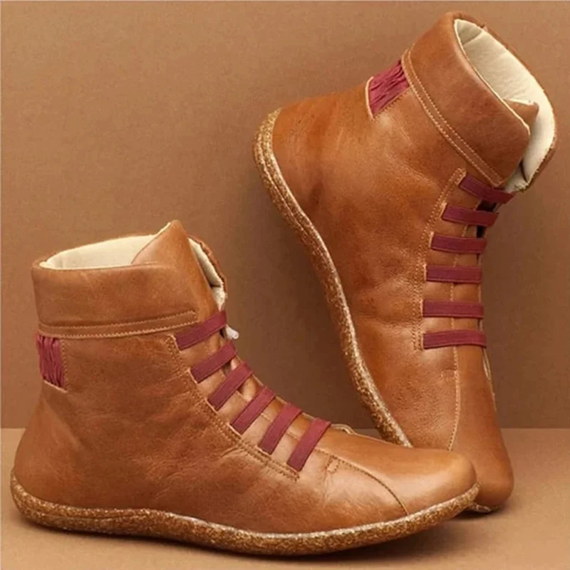 brown HFD0872 Женские ботильоны из искусственной кожи в винтажном стиле на плоской подошве размера плюс; женская повседневная обувь с перекрестными ремешками; женская обувь на платформе; Botas Mujer - Цвет: brown HFD0872