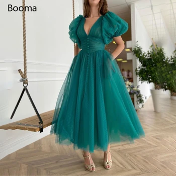 

Teal Green V-Neck Dotted Tulle Prom Dresses Puff Sleeves Ruched A-Line Wedding Party Dresses Buttoned Top Tea-Length Prom Gowns
