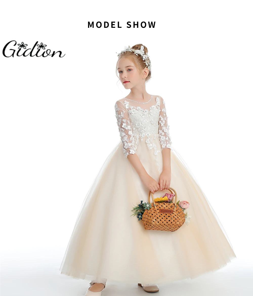 Puffy Tulle Appliques Baby Ball Gown Flower Girl Dresses Long Sleeve Princess Dress Wedding Party Dress First Communion