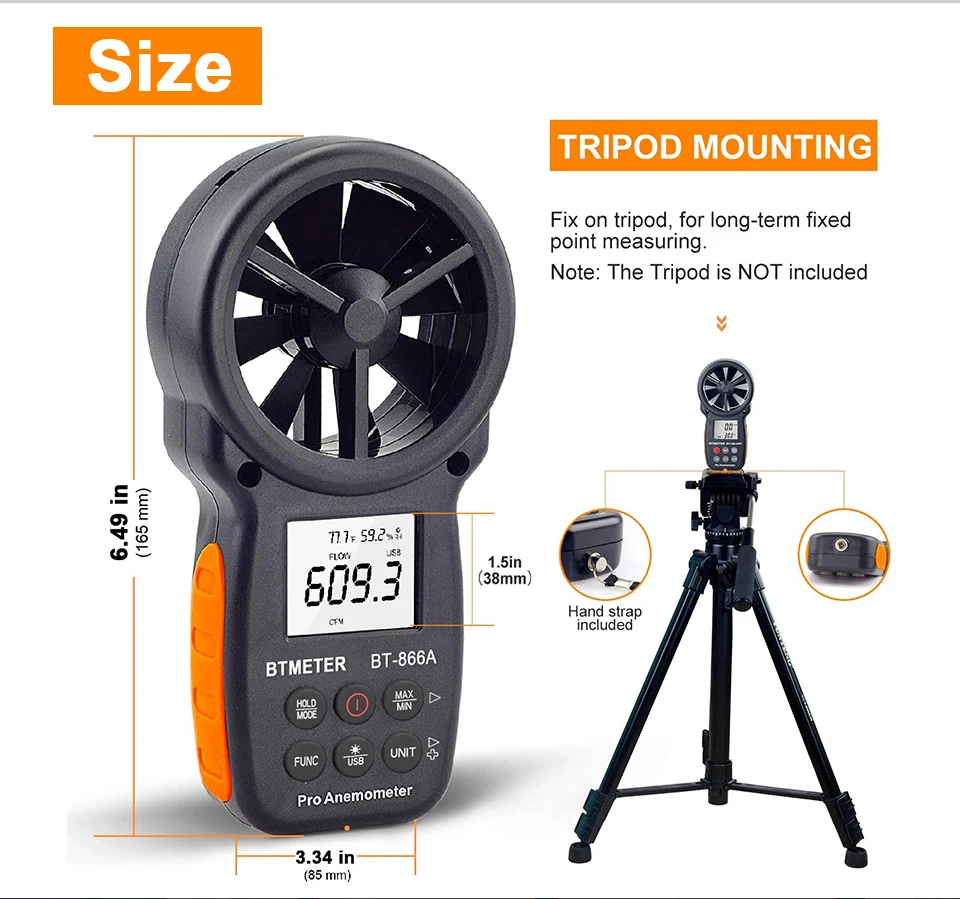 medidor de fluxo de ar, umidade, com luz de fundo, usb