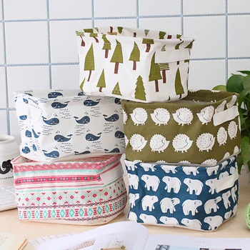 

Cute Printing Desktop Handle Storage Box Waterproof Organizer Cotton Linen Sundries Storage Basket Cabinet Underwear Storage Bag