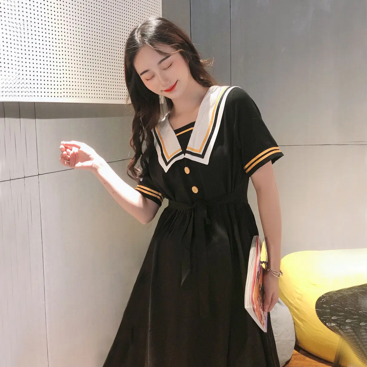 Black Korean-Styled Sailor Dress: Elegant Fusion Fashion