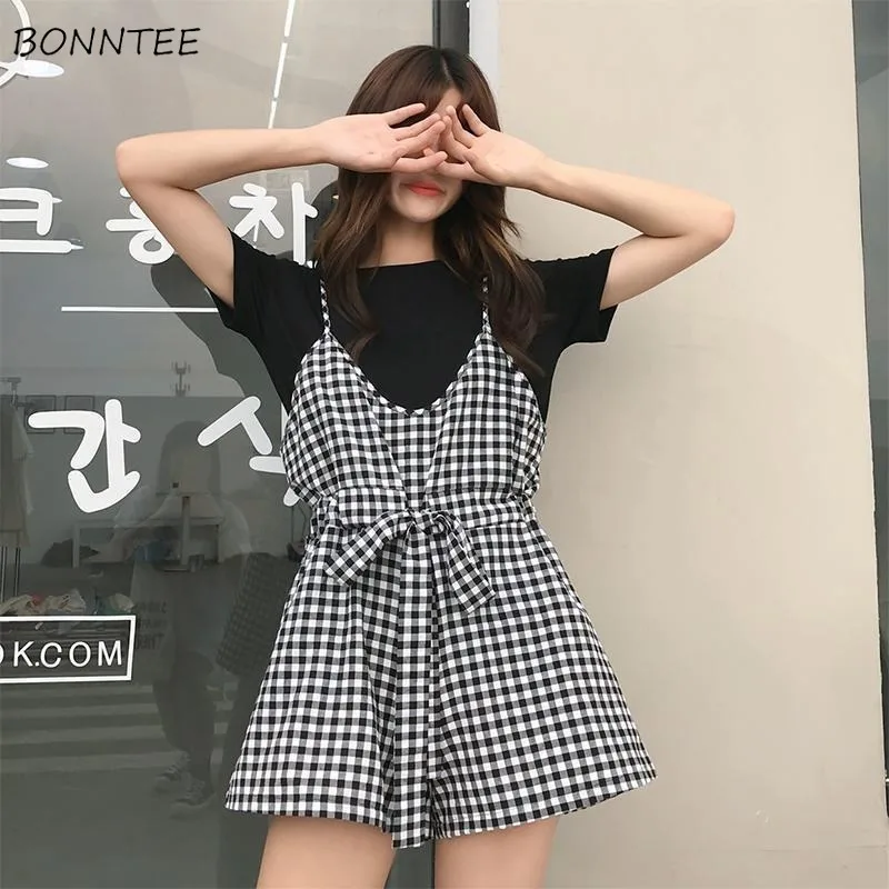 Monos negros a cuadros para mujer, Estilo Dulce coreanos, diseño Kawaii Simple, ropa de calle elegante, Harajuku, holgados e informales para verano
