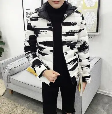 White RUIHUO Ink Print Hooded Coat Men Jacket Warm Winter Jacket Men Coat Windbreaker Parka Winter Coat Men Clothes Autumn XXXL - Цвет: White