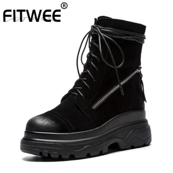 

FITWEE Ladies Side Zipper Fashion Genuine Leather Ankle Boots Cross Strap Motorcycle Boots Short Knight Boots Size 34-39