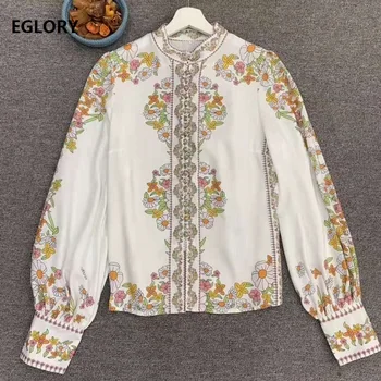 

Hight Quality Designer Blouse Shirt 2019 Autumn Casual Shirt Women Stand Neck Exquisite Flower Print Tunic Buttons Vintage Shirt