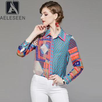 

AELESEEN Runway Fahsion Women Blouse Spring Summer Dots Geometris Printed Turn-Down Collar Silk shirt Ladies Casual Blouse Tops