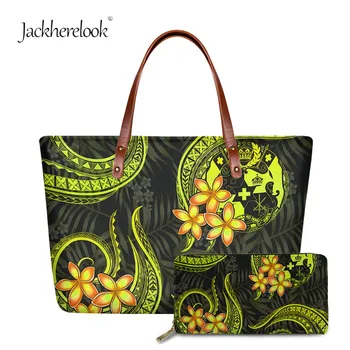 

Jackherelook Femme 2pcs Large Capacity Zippoer Handbag&Wallet Set Girls Polynesian Plumeria Design Shopping Storager Tote Bolsa