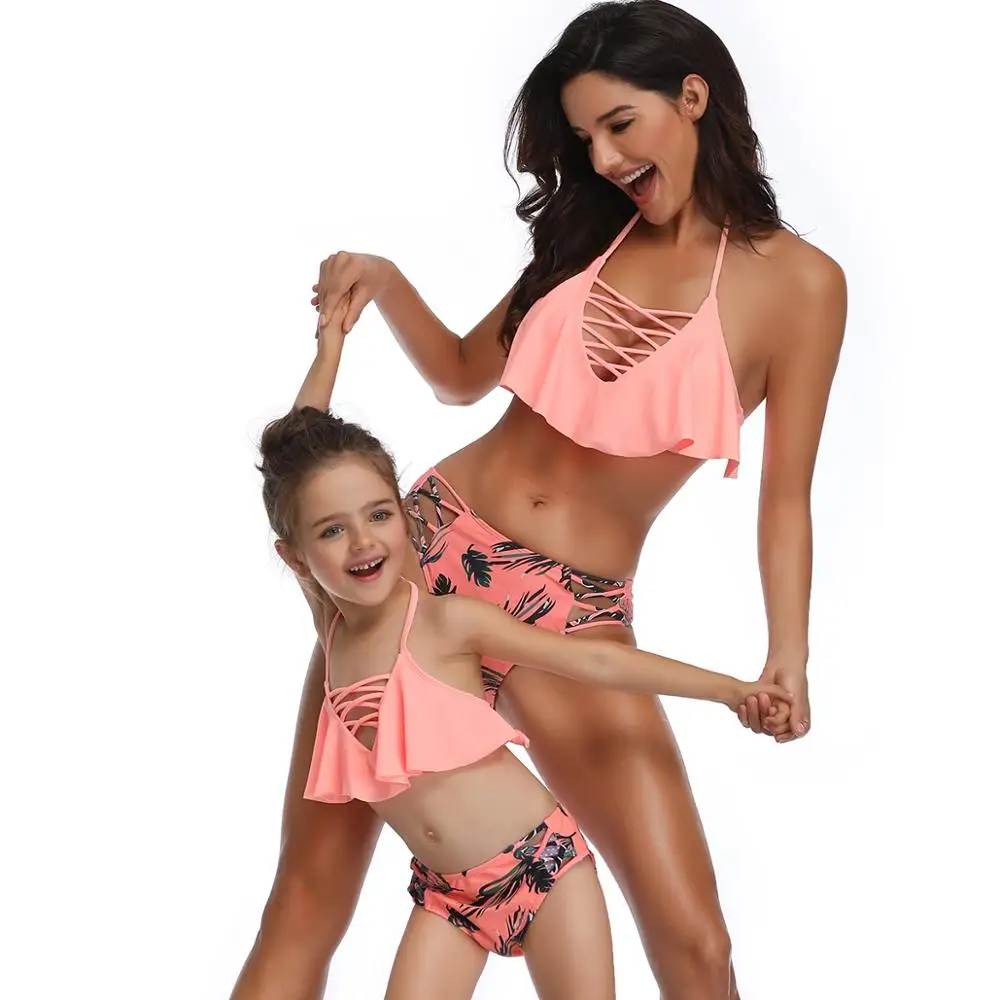 Mother Daughter Sexy Halter Bikini Set Kids Women Swimwear Adjustable Bandage Cross Hollow Out Printed Brazilian Swimsuit | Женская