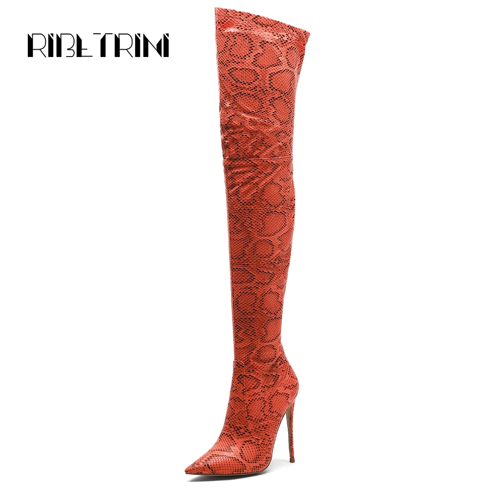 

RIBETRINI Snakeskin Print Over The Knee Party Boots 2019 Stiletto High Heel Pointed Toe Slip On Shoes Woman Night Club Boots