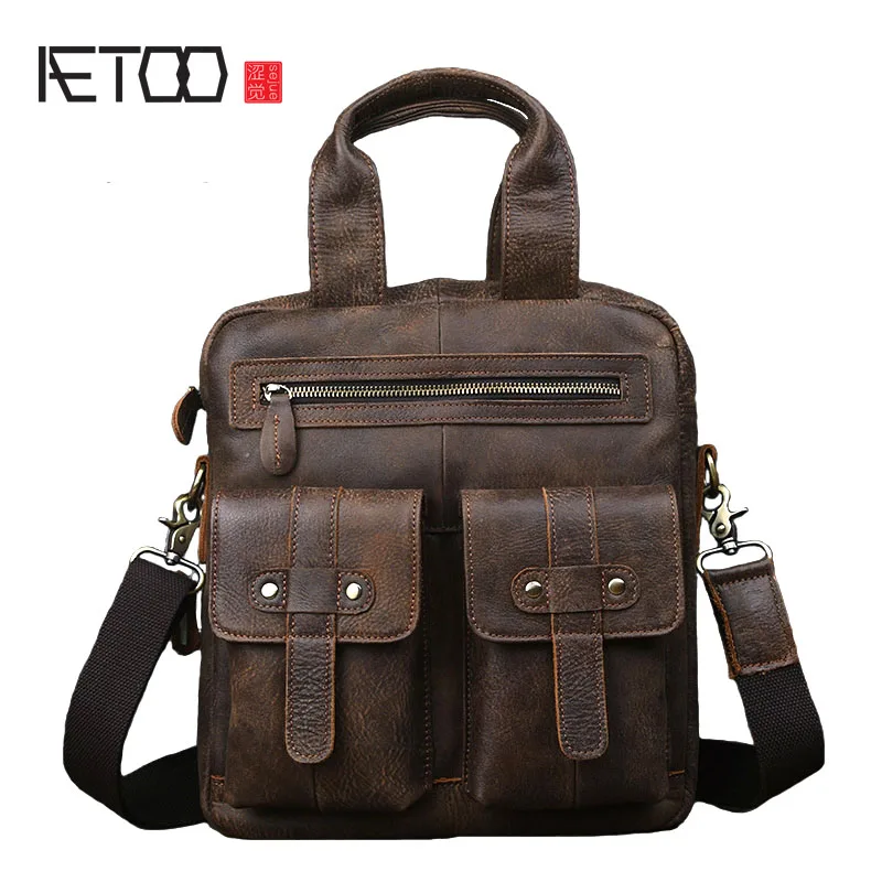 

BJYL Original scrub leather men's vertical handbag shoulder Messenger bag retro handmade leather computer bag