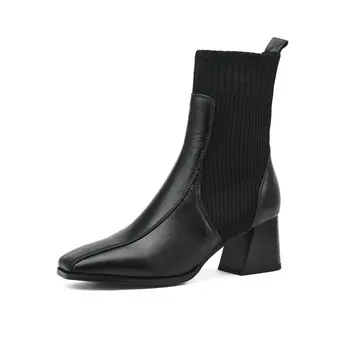 

Genuine Leather Female knitting Socks Boots Square high heels Women Warm Ankle Boots Dancing Party Shoes Woman