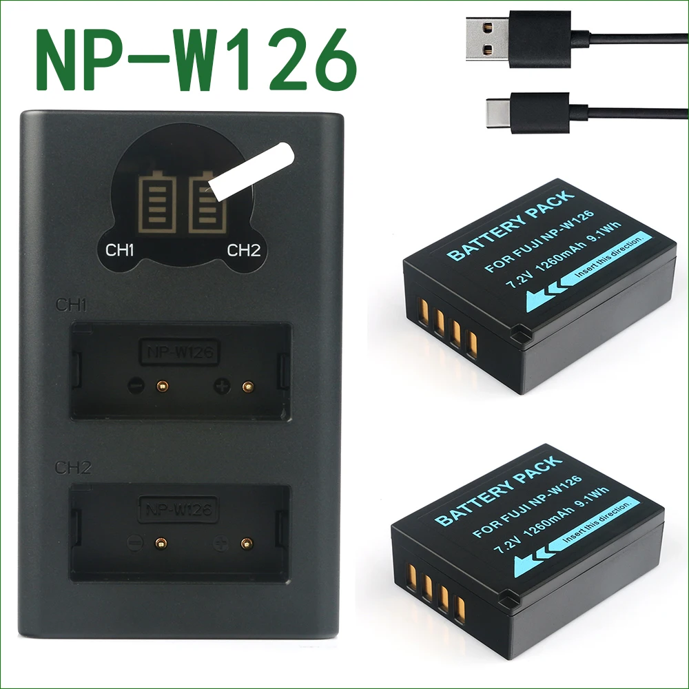 NP-W126 W126S Батарея + Dual USB Зарядное устройство для ЖК-дисплея с подсветкой Fujifilm X-E2S X-E3