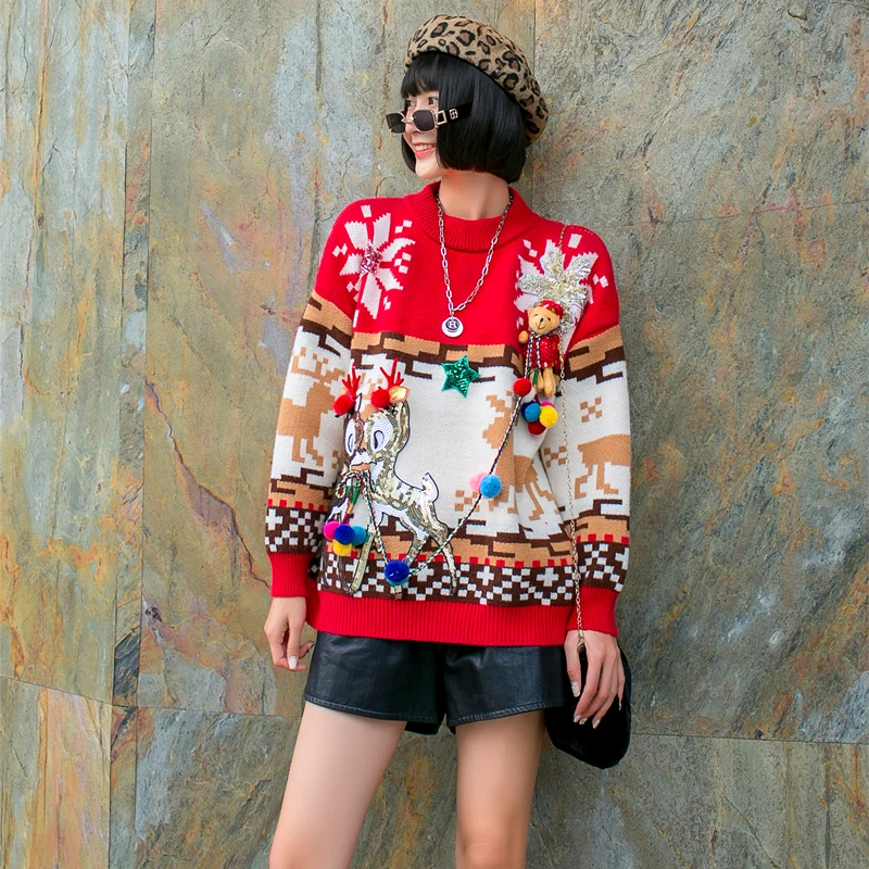 

2020 Christmas turtleneck Christmas sweater lazy wind loose heavy industry sequins tide brand thick retro sweater