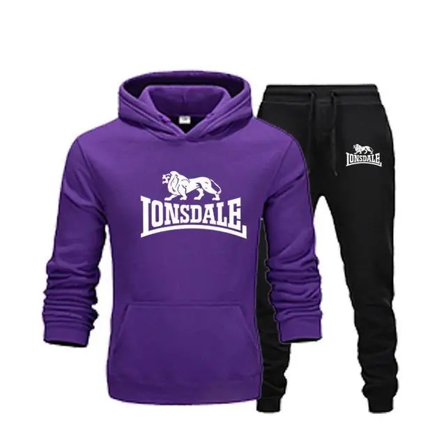 purple black- B Новая брендовая одежда, мужские пуловеры, свитер, хлопок, мужские спортивные костюмы, толстовка с капюшоном, две части+ штаны, спортивные рубашки, Осень-зима, спортивный костюм - Цвет: purple black- B
