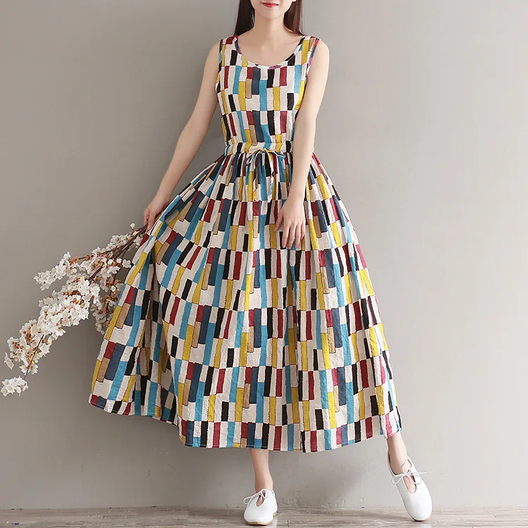 

Photo Shoot New Style Literature And Art Retro Printed Cotton Linen Loose-Fit Big Hemline Sleeveless Vest Skirt Women's A- line