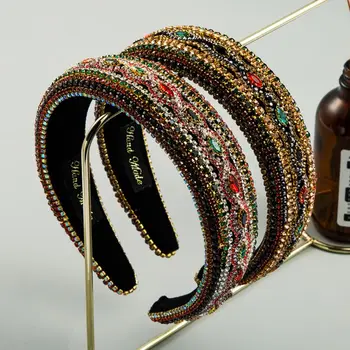 

Baroque Luxury Full Jewelry Bandana Multicolor Crystal Glass Drill Hair Hoop Wavy Striped Rhinestone Prom Headdress
