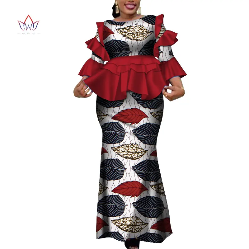 Африка Комплект из двух предметов для Для женщин модные Дашики более рюшами в африканском стиле Одежда Базен размера плюс леди Костюмы для вечерние WY4142