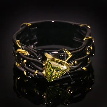 Vintage Gothic Black Tree Branch Ring with Bling Yellow Zircon Stone Rings for Women Wedding Engagement Fashion Jewelry