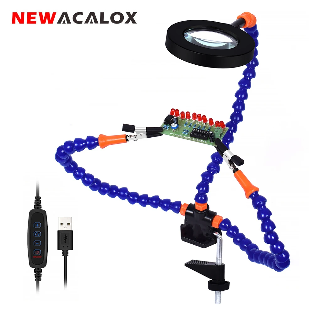 

NEWACALOX Soldering Holder 3X LED Magnifier Table Clamp PCB Welding Third Hand Helping Hand Tool for Soldering Assembly Repair