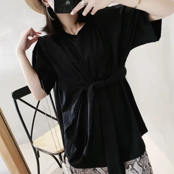 

2020 NEW summer women clothes round neck short sleeves asymmetrical cross body T-shirt loose female top M013